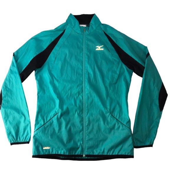 MIZUNO Athletic Windbreaker Warm Up Jacket Teal Green.  Black.  Mock Neck Zip M - Picture 1 of 12